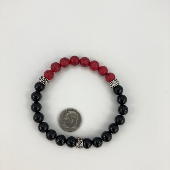 Obsidian and Red Howlite Stretch Bracelet, Handmade, 8mm Stones, 8" Long - Picture 6 of 6